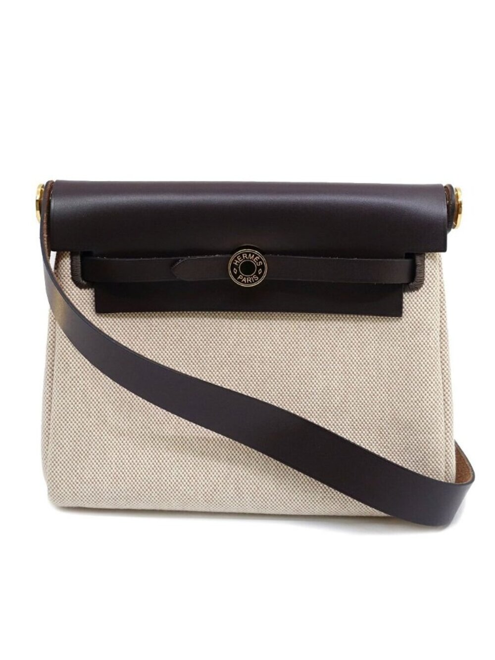 Hermes Herbag Zip 20 Mini Shoulder Bag Around Toile Ash Brown Gold